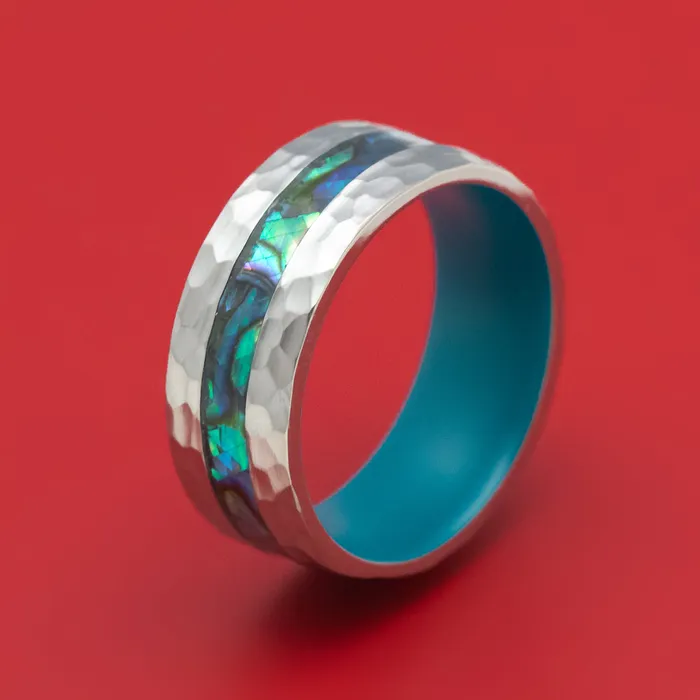 Rings Lashbrook Titanium Ring with Abalone Inlay and Cerakote Sleeve Custom Made Band Rings Lashbrook Titanium Ring with Abalone Inlay and Cerakote Sleeve Custom Made Band