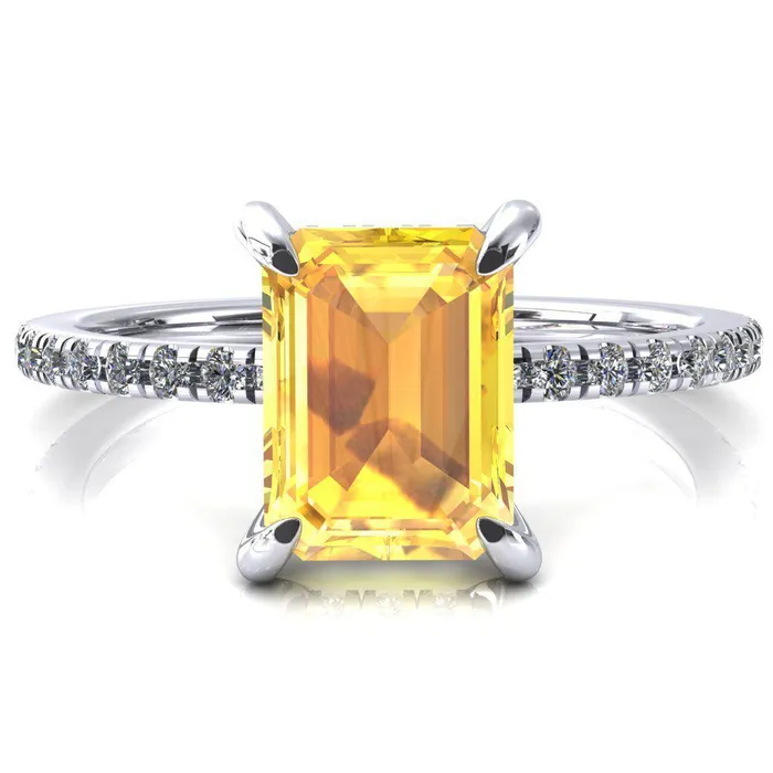 Rings Mayeli Emerald Yellow Sapphire 4 Claw Prong Micro Pave Diamond Sides Engagement Ring Fire Brilliance Rings Mayeli Emerald Yellow Sapphire 4 Claw Prong Micro Pave Diamond Sides Engagement Ring Fire Brilliance
