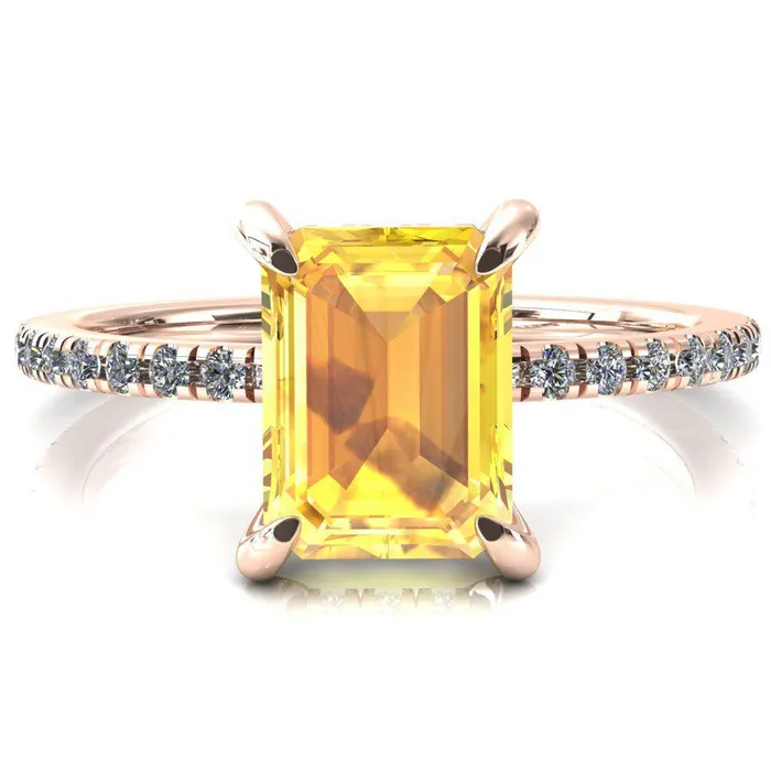 Rings Mayeli Emerald Yellow Sapphire 4 Claw Prong Micro Pave Diamond Sides Engagement Ring Fire Brilliance 