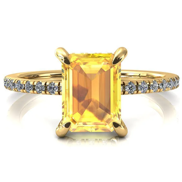 Rings Mayeli Emerald Yellow Sapphire 4 Claw Prong Micro Pave Diamond Sides Engagement Ring Fire Brilliance 
