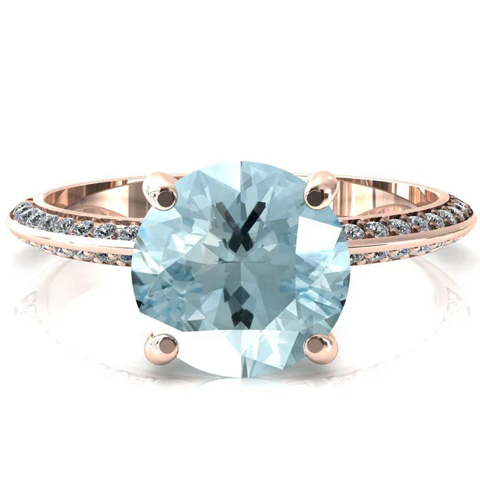 Rings Nancy Round Aqua Blue Spinel 4 Prong 12 Eternity Diamond Knife Shank Accent Engagement Ring Fire Brilliance 