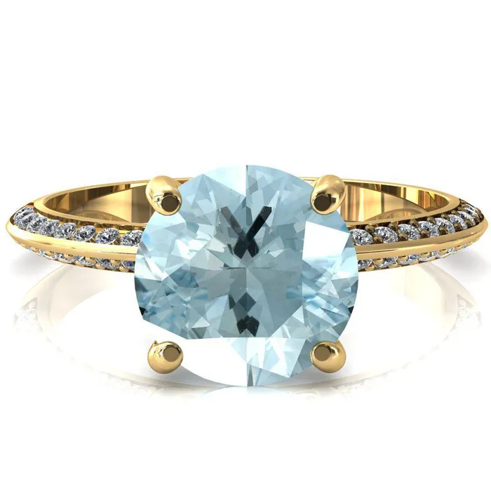 Rings Nancy Round Aqua Blue Spinel 4 Prong 12 Eternity Diamond Knife Shank Accent Engagement Ring Fire Brilliance 