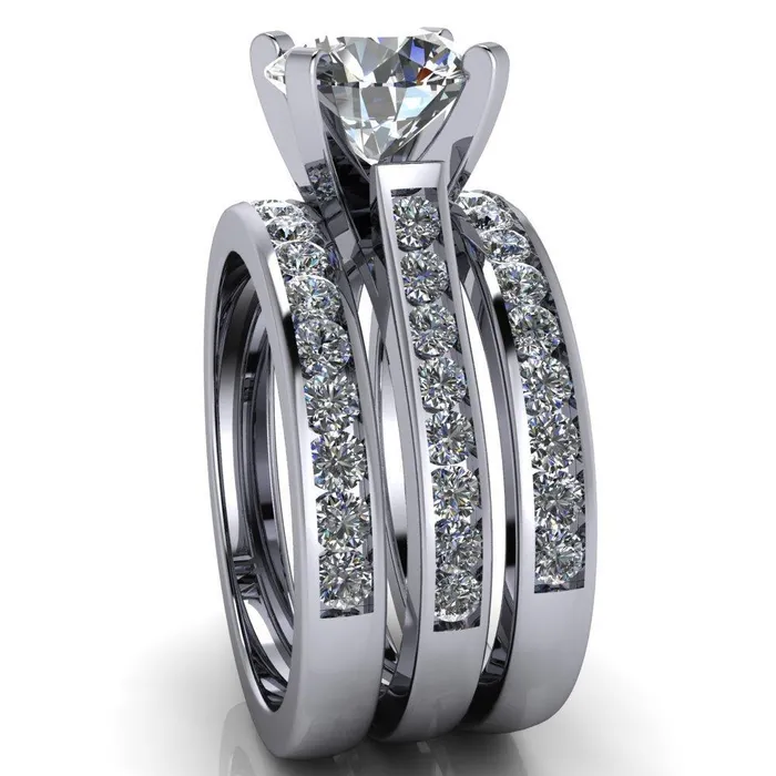 Rings Prima Round Center Stone 4 Prong Diamond Channel Set Ring Fire Brilliance 