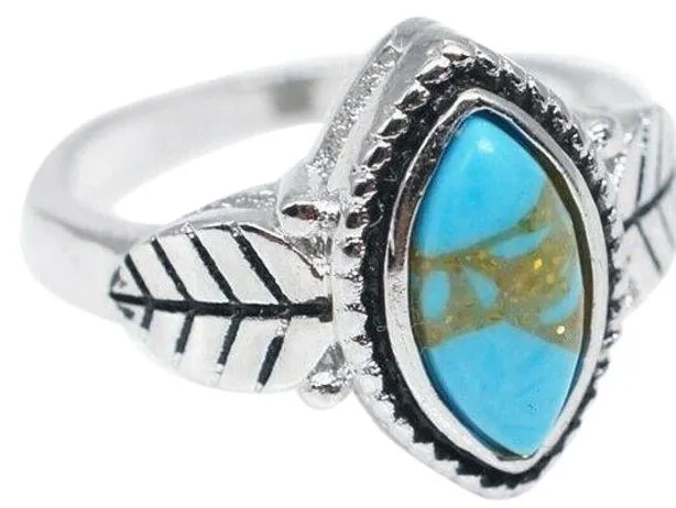 Rings R239 Silver Turquoise Stone Leaf Accent Ring POLLY