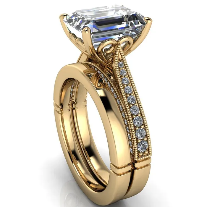Rings Vivienne Emerald Center Stone 4 Prong Milgrain Engagement Ring Fire Brilliance 