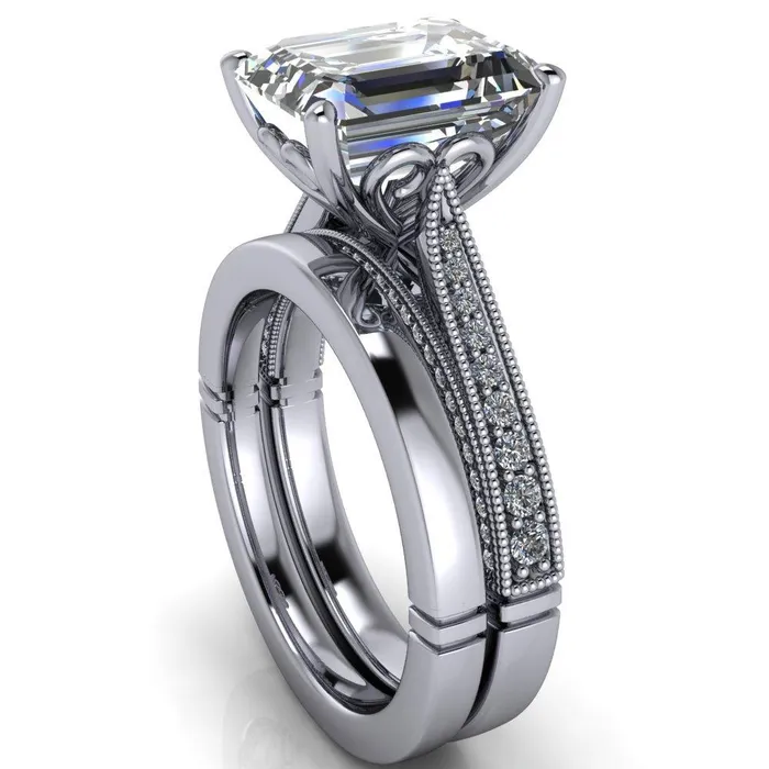 Rings Vivienne Emerald Center Stone 4 Prong Milgrain Engagement Ring Fire Brilliance 