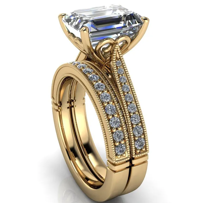 Rings Vivienne Emerald Center Stone 4 Prong Milgrain Engagement Ring Fire Brilliance 