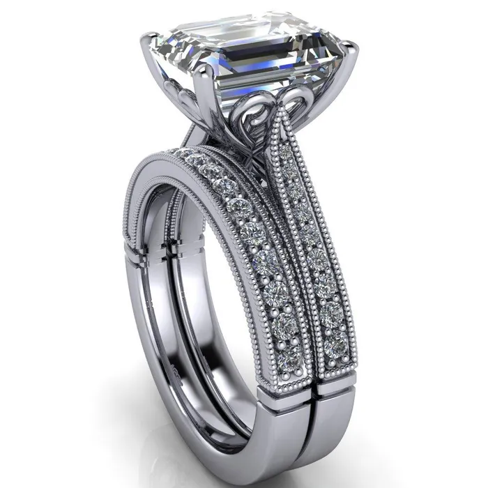 Rings Vivienne Emerald Center Stone 4 Prong Milgrain Engagement Ring Fire Brilliance 