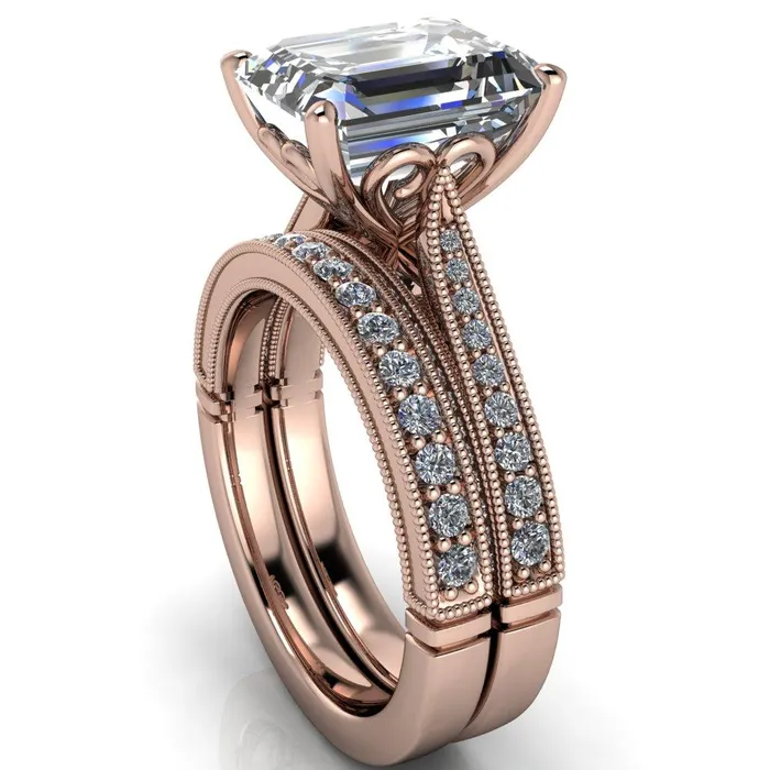 Rings Vivienne Emerald Center Stone 4 Prong Milgrain Engagement Ring Fire Brilliance 