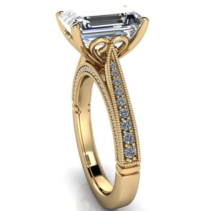 Rings Vivienne Emerald Center Stone 4 Prong Milgrain Engagement Ring Fire Brilliance 