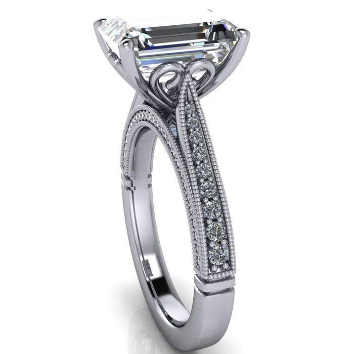 Rings Vivienne Emerald Center Stone 4 Prong Milgrain Engagement Ring Fire Brilliance 