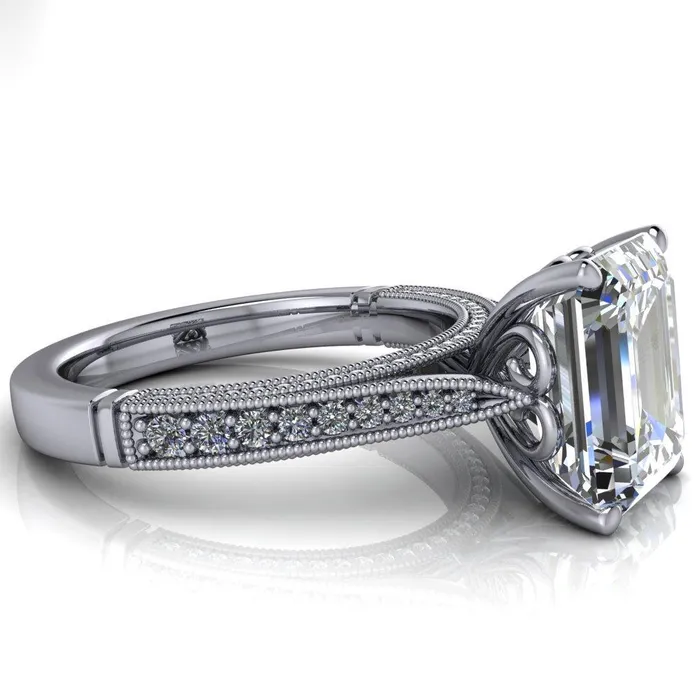 Rings Vivienne Emerald Center Stone 4 Prong Milgrain Engagement Ring Fire Brilliance 