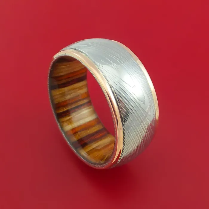 Rings Wide Damascus Steel Ring with 14k Rose Gold Edges and Interior Hardwood Sleeve Custom Made Band Lashbrook Rings Wide Damascus Steel Ring with 14k Rose Gold Edges and Interior Hardwood Sleeve Custom Made Band Lashbrook