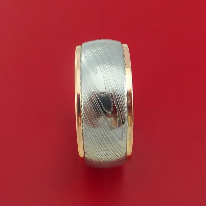Rings Wide Damascus Steel Ring with 14k Rose Gold Edges and Interior Hardwood Sleeve Custom Made Band Lashbrook Rings Wide Damascus Steel Ring with 14k Rose Gold Edges and Interior Hardwood Sleeve Custom Made Band Lashbrook