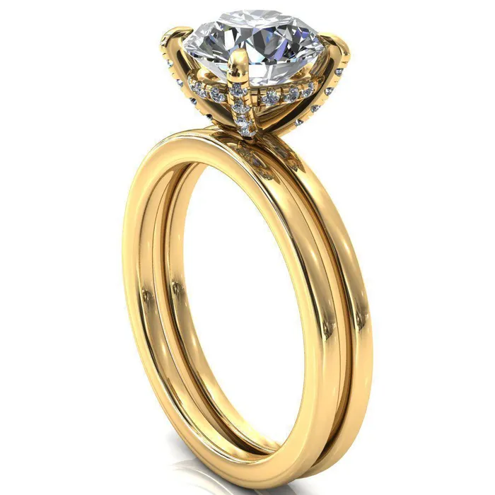 Rosy Round Center Stone 4 Claw Prong Single Rail Micropave Engagement Ring Fire Brilliance Rings