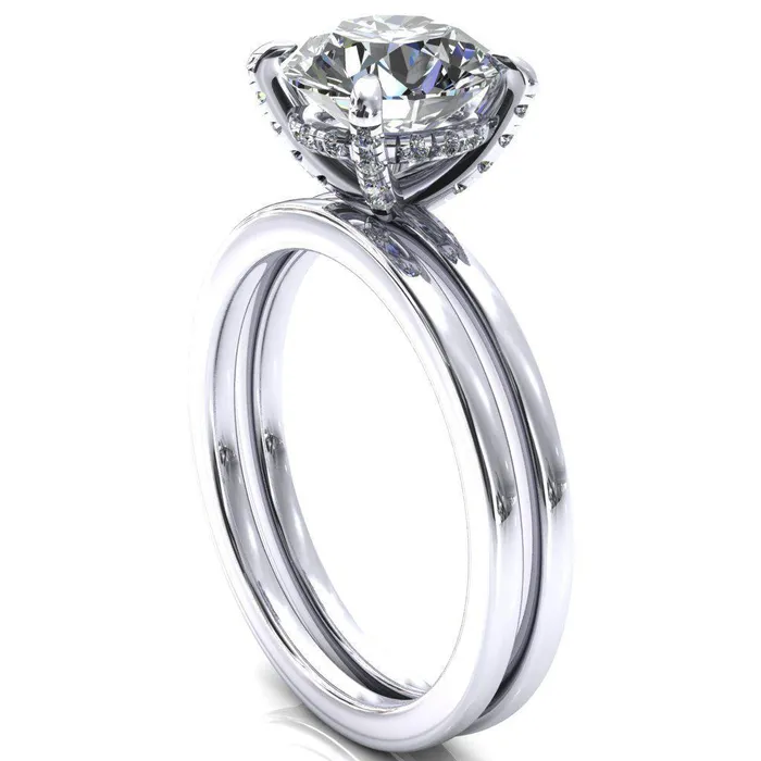Rosy Round Center Stone 4 Claw Prong Single Rail Micropave Engagement Ring Fire Brilliance Rings