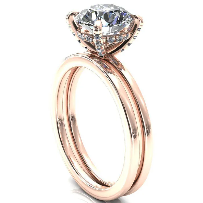 Rosy Round Center Stone 4 Claw Prong Single Rail Micropave Engagement Ring Fire Brilliance Rings
