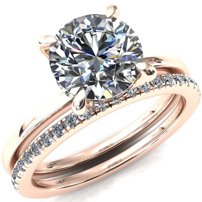 Rosy Round Center Stone 4 Claw Prong Single Rail Micropave Engagement Ring Fire Brilliance Rings