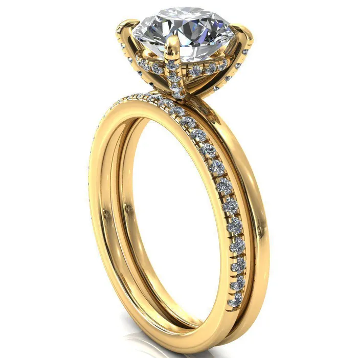 Rosy Round Center Stone 4 Claw Prong Single Rail Micropave Engagement Ring Fire Brilliance Rings