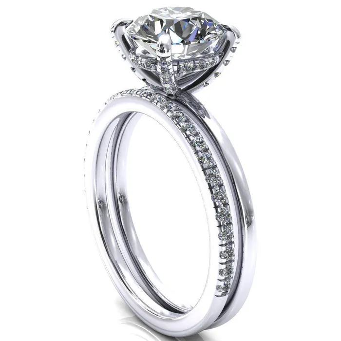 Rosy Round Center Stone 4 Claw Prong Single Rail Micropave Engagement Ring Fire Brilliance Rings