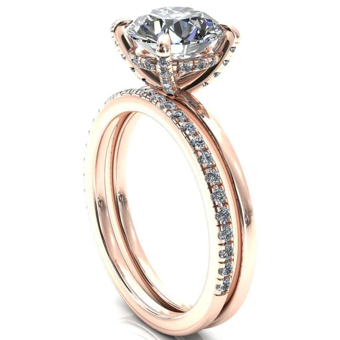 Rosy Round Center Stone 4 Claw Prong Single Rail Micropave Engagement Ring Fire Brilliance Rings