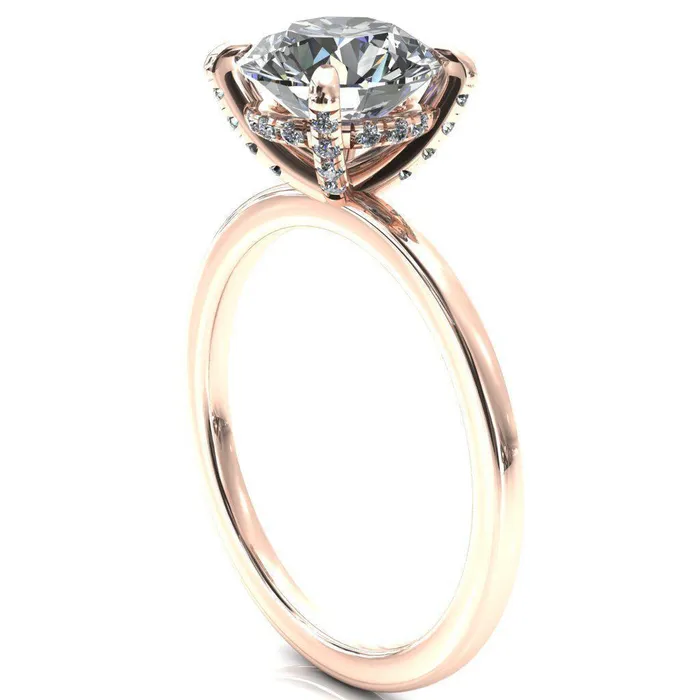 Rosy Round Center Stone 4 Claw Prong Single Rail Micropave Engagement Ring Fire Brilliance Rings