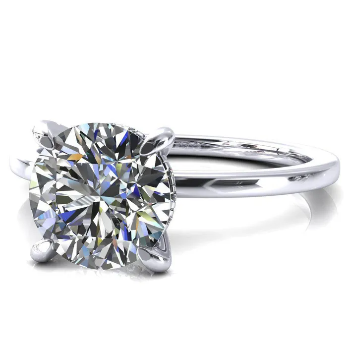 Rosy Round Center Stone 4 Claw Prong Single Rail Micropave Engagement Ring Fire Brilliance Rings