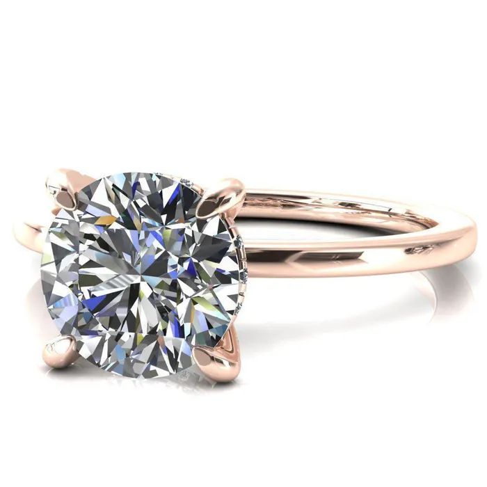 Rosy Round Center Stone 4 Claw Prong Single Rail Micropave Engagement Ring Fire Brilliance Rings