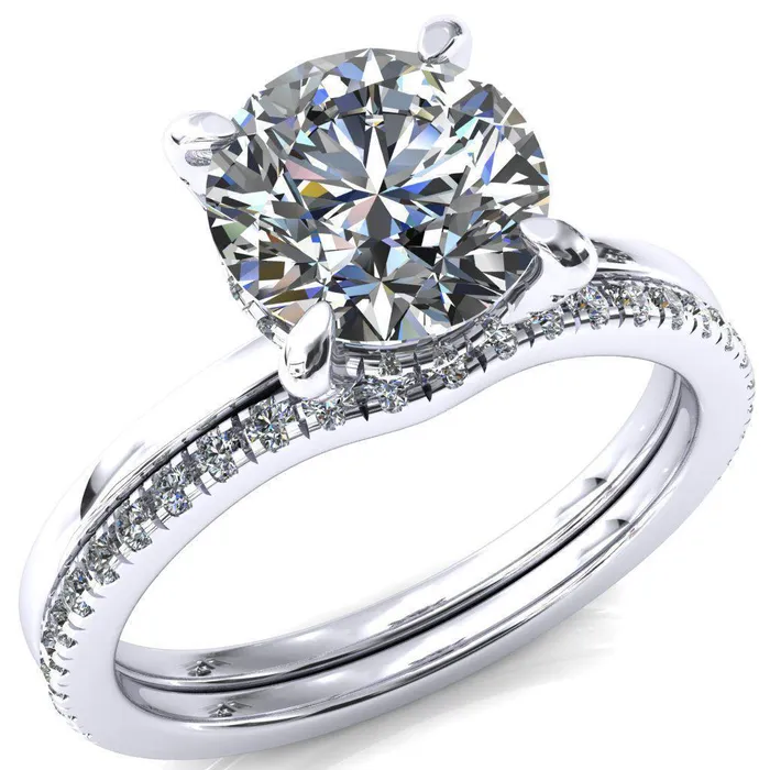 Rosy Round Center Stone 4 Claw Prong Single Rail Micropave Engagement Ring Fire Brilliance Rings