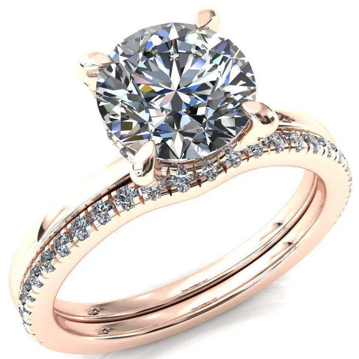 Rosy Round Center Stone 4 Claw Prong Single Rail Micropave Engagement Ring Fire Brilliance Rings