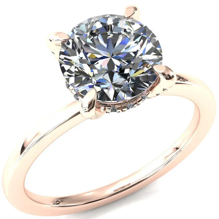 Rosy Round Center Stone 4 Claw Prong Single Rail Micropave Engagement Ring Fire Brilliance Rings