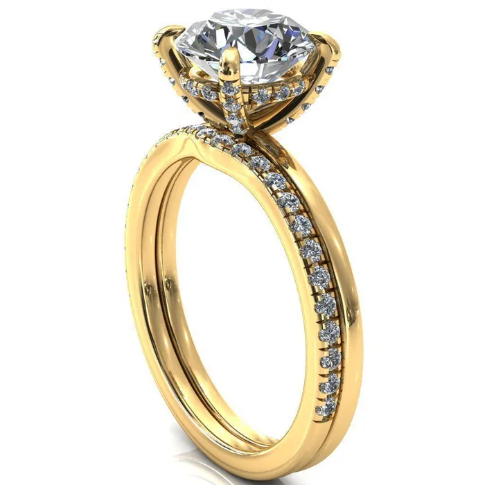 Rosy Round Center Stone 4 Claw Prong Single Rail Micropave Engagement Ring Fire Brilliance Rings