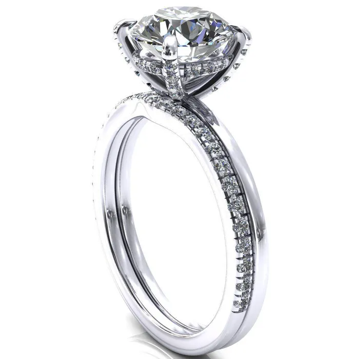 Rosy Round Center Stone 4 Claw Prong Single Rail Micropave Engagement Ring Fire Brilliance Rings