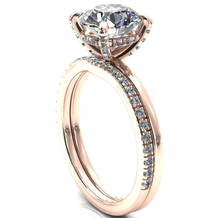 Rosy Round Center Stone 4 Claw Prong Single Rail Micropave Engagement Ring Fire Brilliance Rings