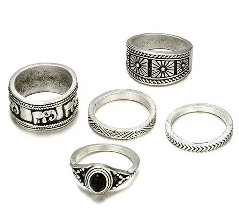 RS64 Silver Color 5 Piece Ring Set 02 Rings
