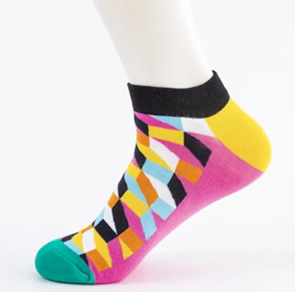 SF74 Black Top Pink Heel Multi Rectangle Low Cut Socks POLLY Rings
