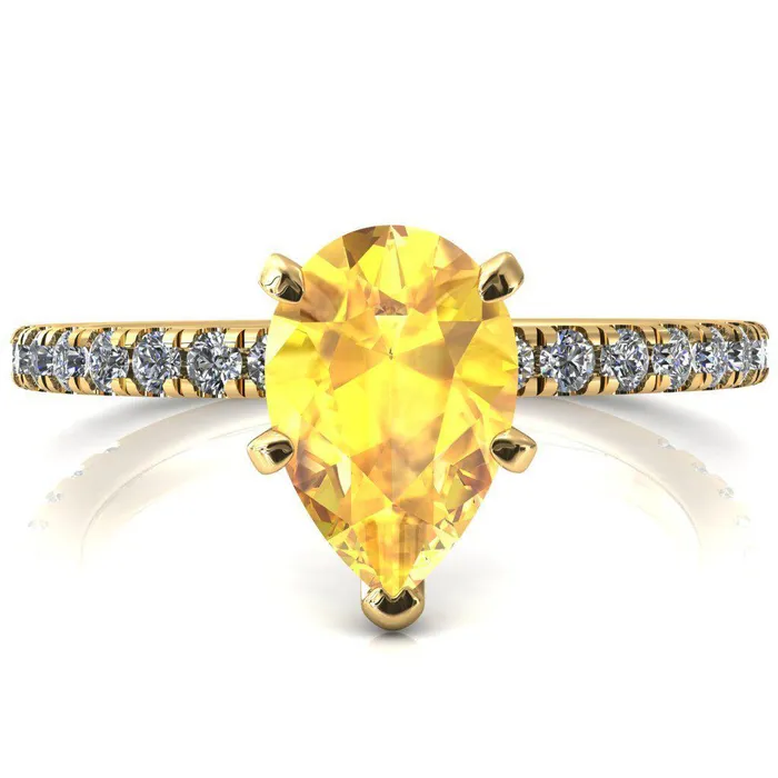 Sicili Pear Yellow Sapphire 5 Prong 34 Micro Pave Diamond Engagement Ring Fire Brilliance Rings