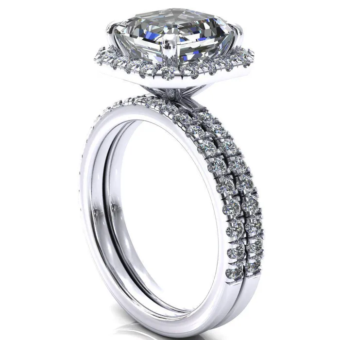 Talia Asscher Moissanite 4 Prong Halo 58 Micropave Ring Fire Brilliance Rings