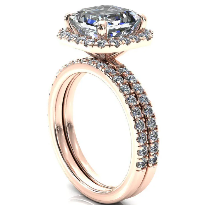 Talia Asscher Moissanite 4 Prong Halo 58 Micropave Ring Fire Brilliance Rings