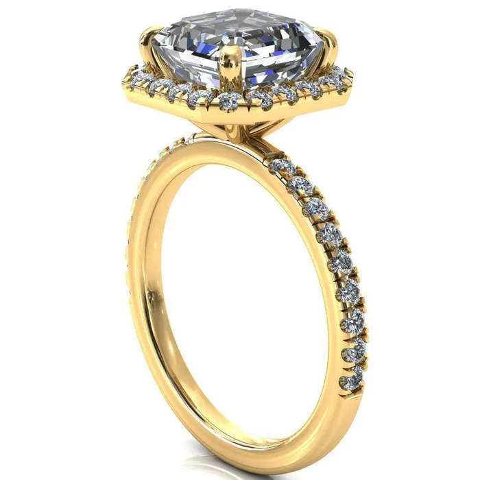 Talia Asscher Moissanite 4 Prong Halo 58 Micropave Ring Fire Brilliance Rings