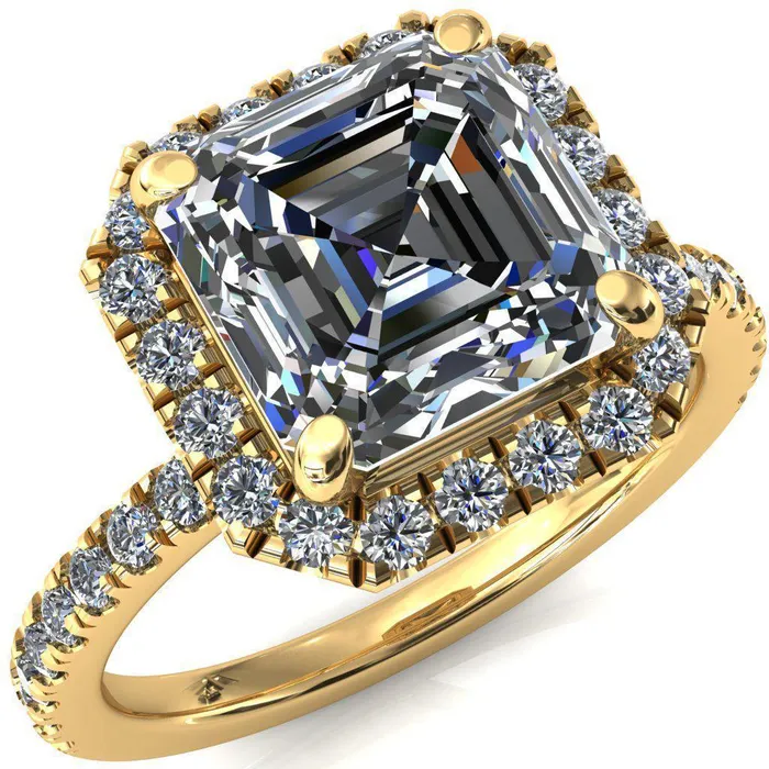 Talia Asscher Moissanite 4 Prong Halo 58 Micropave Ring Fire Brilliance Rings