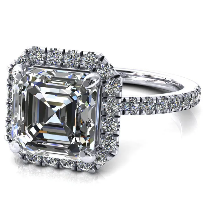 Talia Asscher Moissanite 4 Prong Halo 58 Micropave Ring Fire Brilliance Rings