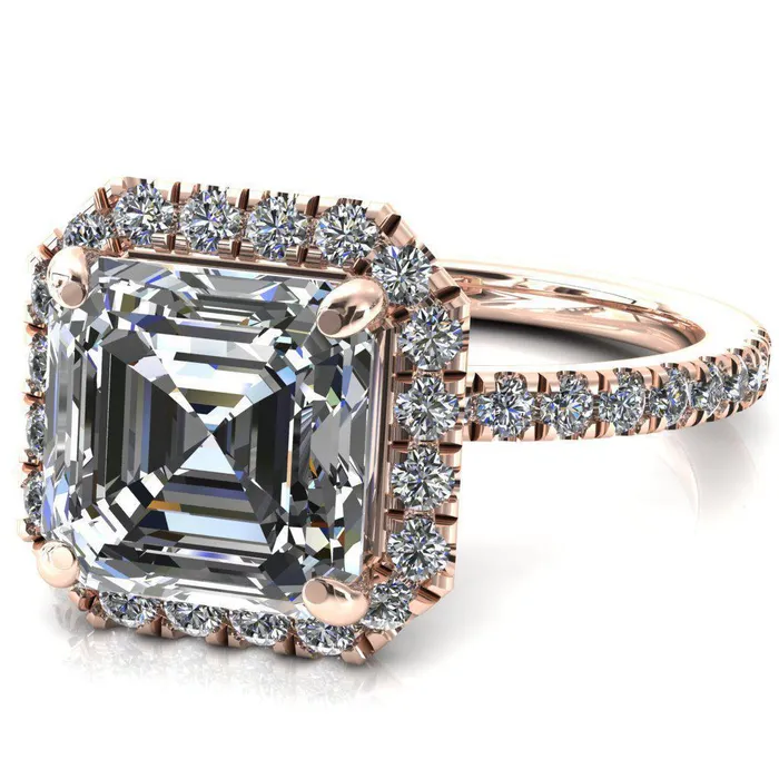 Talia Asscher Moissanite 4 Prong Halo 58 Micropave Ring Fire Brilliance Rings