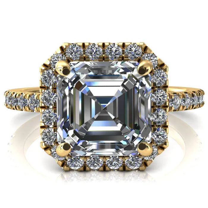Talia Asscher Moissanite 4 Prong Halo 58 Micropave Ring Fire Brilliance Rings