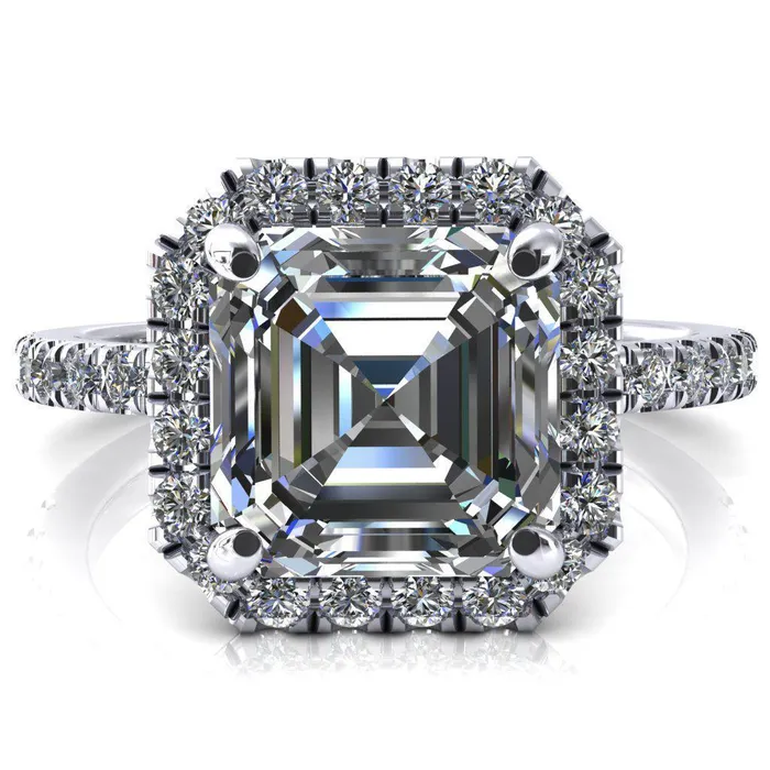Talia Asscher Moissanite 4 Prong Halo 58 Micropave Ring Fire Brilliance Rings