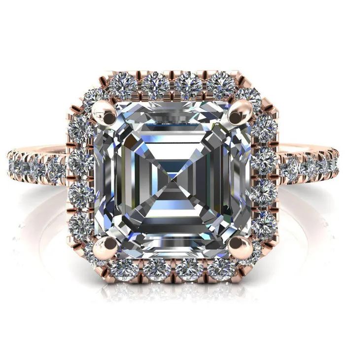 Talia Asscher Moissanite 4 Prong Halo 58 Micropave Ring Fire Brilliance Rings