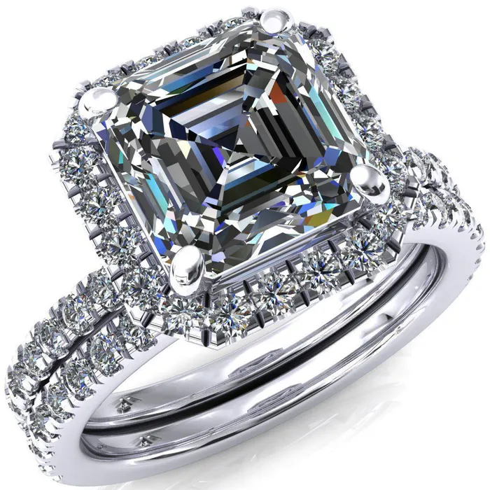 Talia Asscher Moissanite 4 Prong Halo 58 Micropave Ring Fire Brilliance Rings