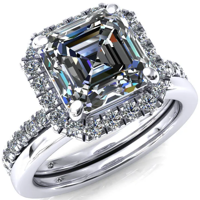 Talia Asscher Moissanite 4 Prong Halo 58 Micropave Ring Fire Brilliance Rings
