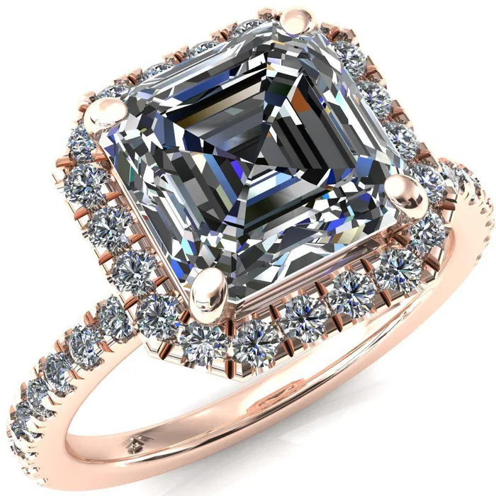 Talia Asscher Moissanite 4 Prong Halo 58 Micropave Ring Fire Brilliance Rings