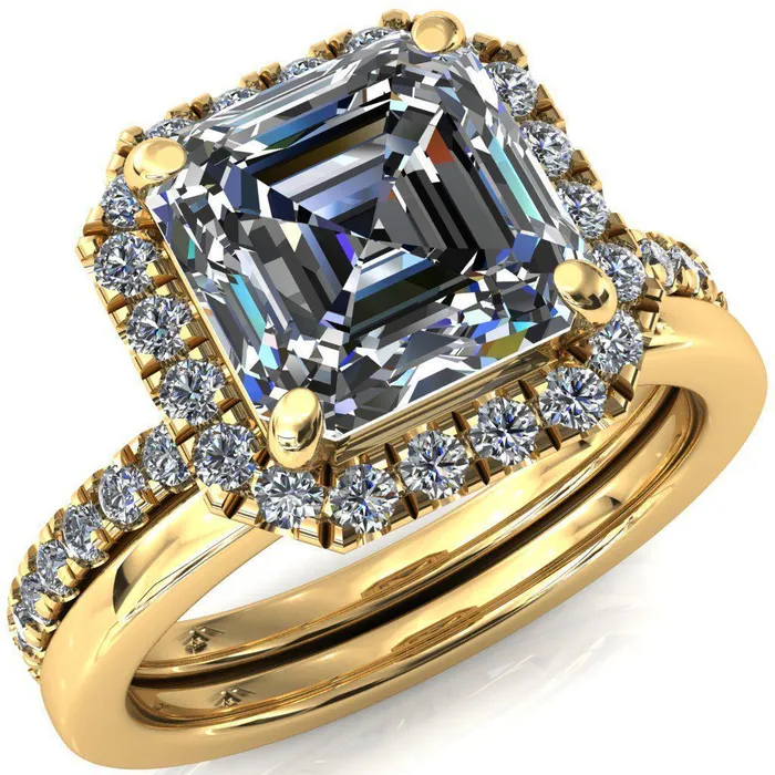 Talia Asscher Moissanite 4 Prong Halo 58 Micropave Ring Fire Brilliance Rings